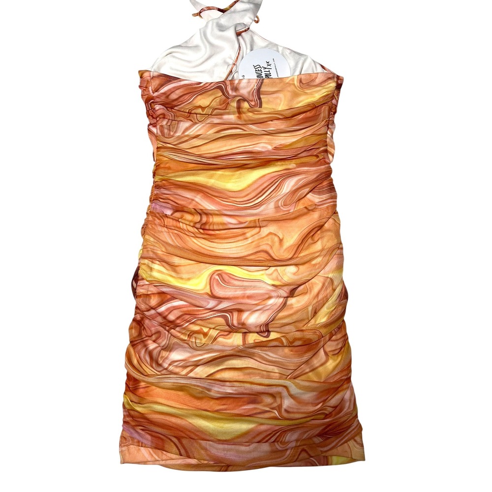 Princess Polly NWT Marble‎ Mesh Ruched Halter Mini Dress Cutout Orange Womens 2 - Picture 2 of 7